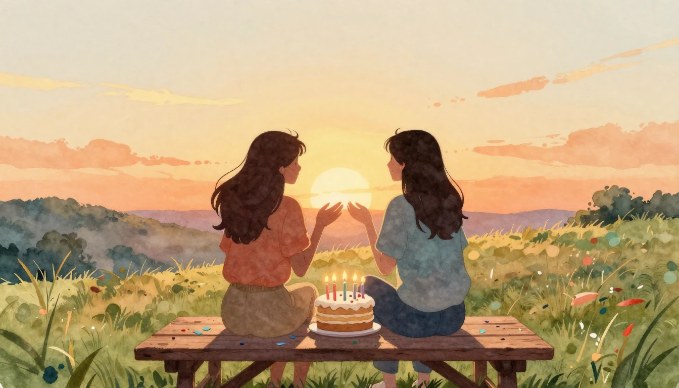 A warm and nostalgic watercolor painting featuring two silho...