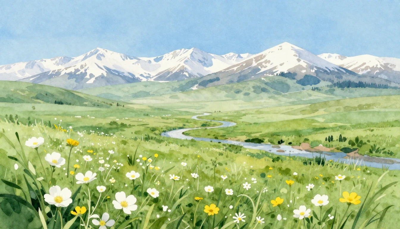 A breathtaking watercolor painting of a vast green steppe un...