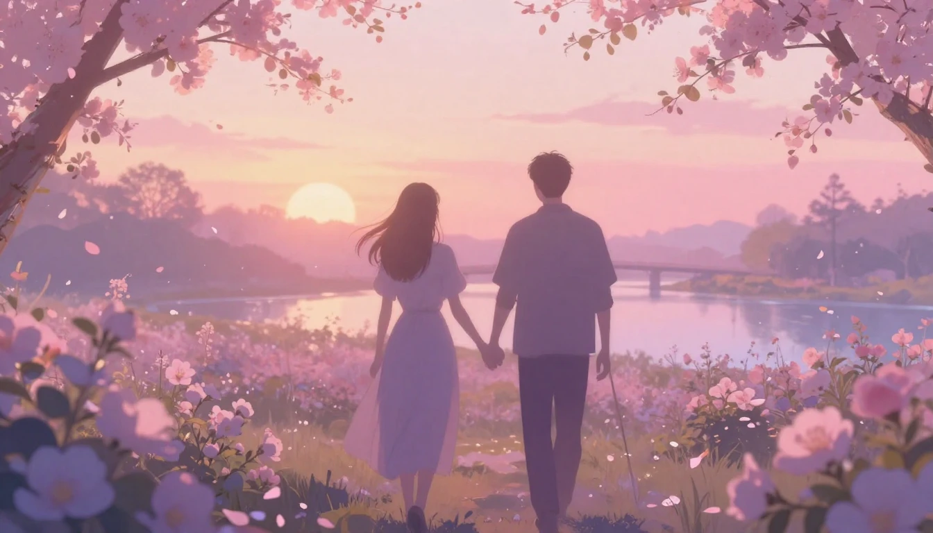 A soft and ethereal scene depicting two silhouettes walking ...