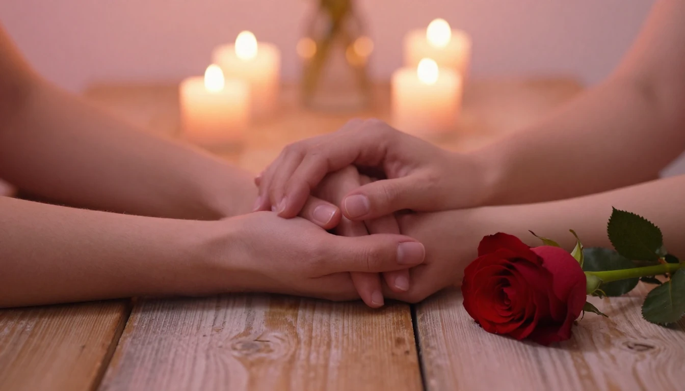 A romantic and intimate scene featuring two hands gently hol...