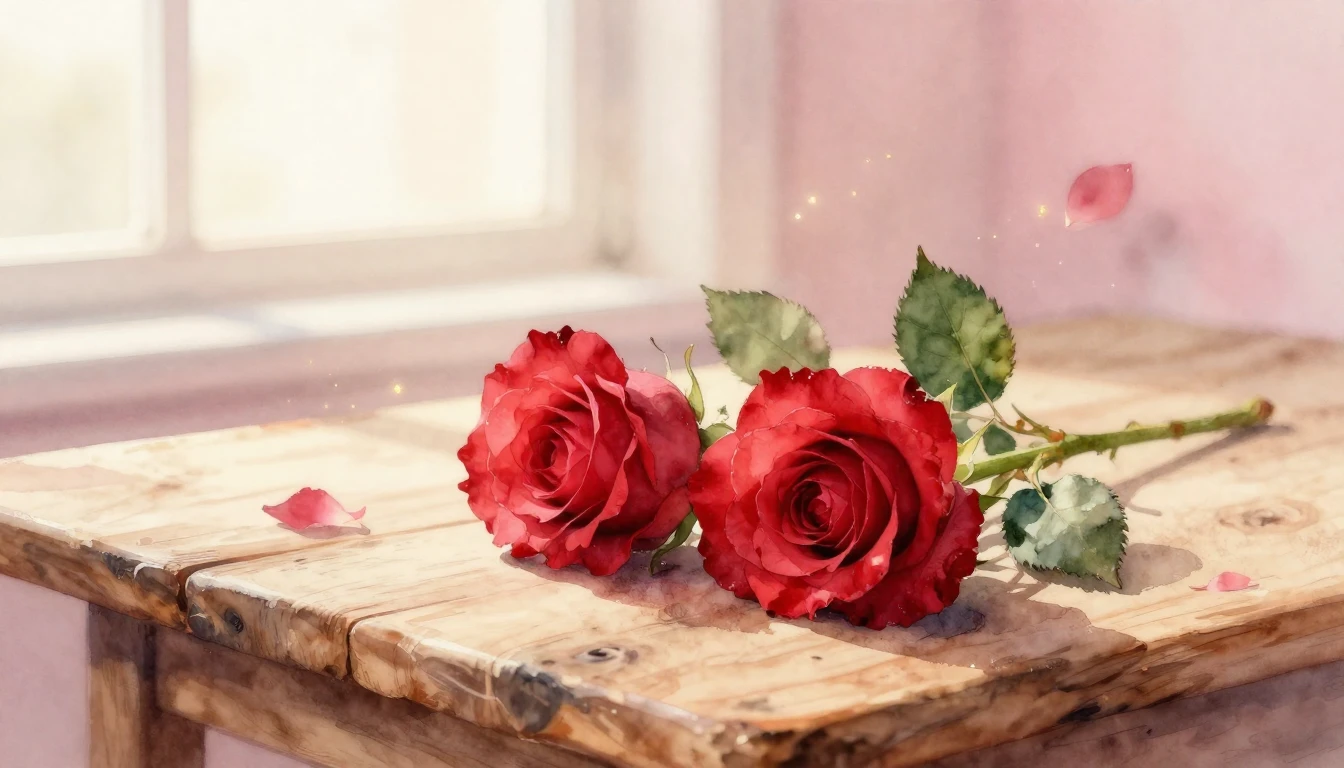 A beautiful watercolor painting of two delicate red roses in...
