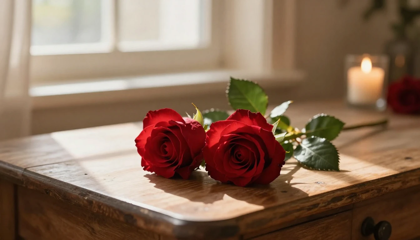 A beautiful and delicate scene featuring two intertwined red...