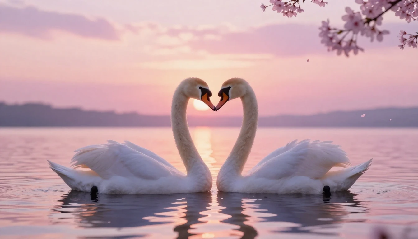 A dreamy and ethereal scene featuring two delicate swans for...