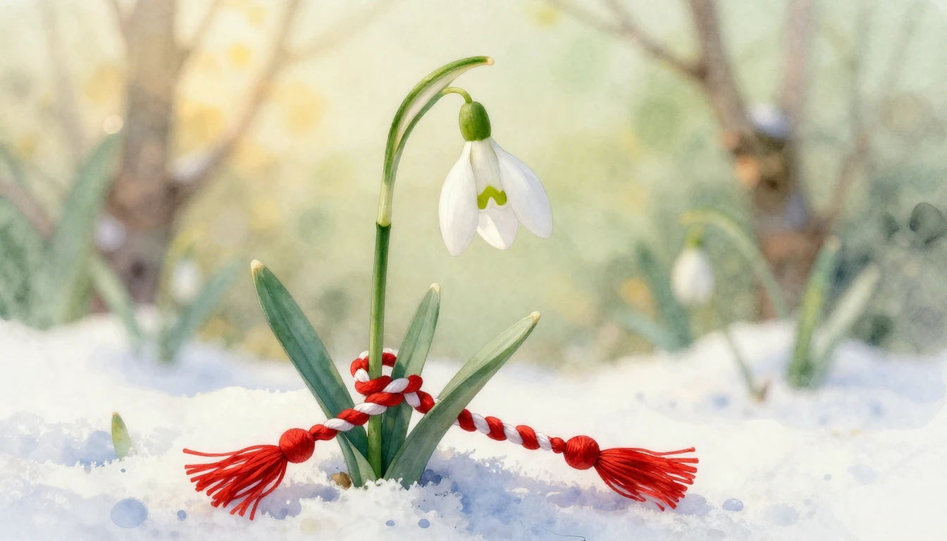 A delicate watercolor painting of a blooming snowdrop flower...