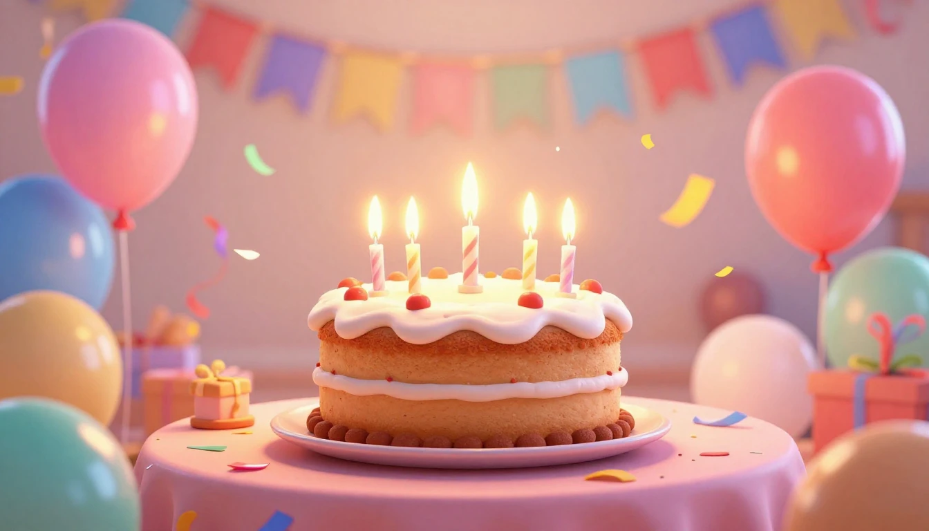 A vibrant and festive birthday celebration scene in a cute 3...