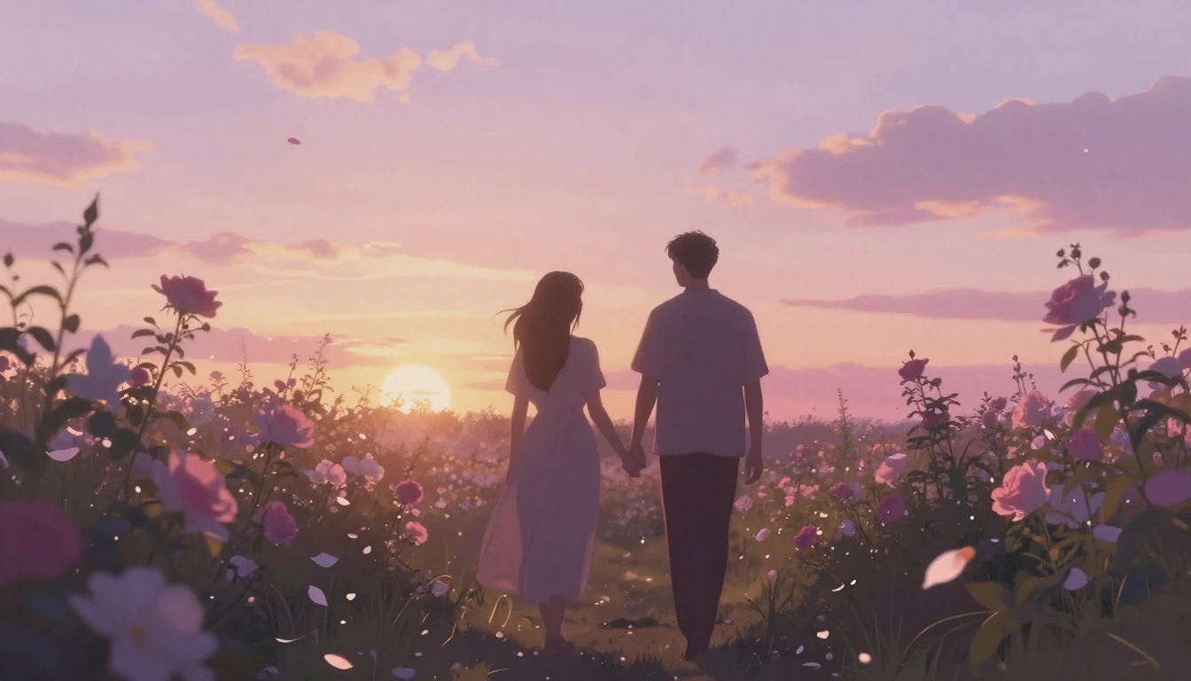 A dreamy and ethereal scene of two silhouettes walking throu...