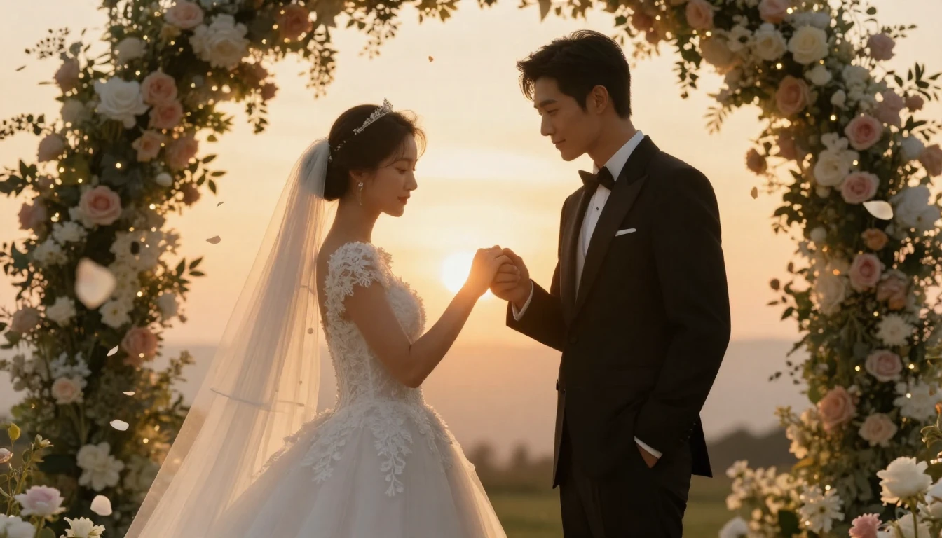 A cinematic, highly detailed shot of a bride and groom stand...