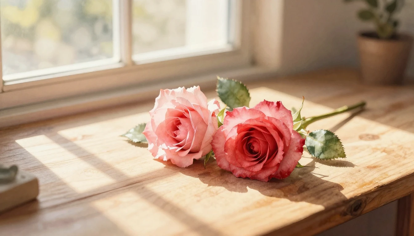A delicate watercolor painting of two intertwined roses rest...
