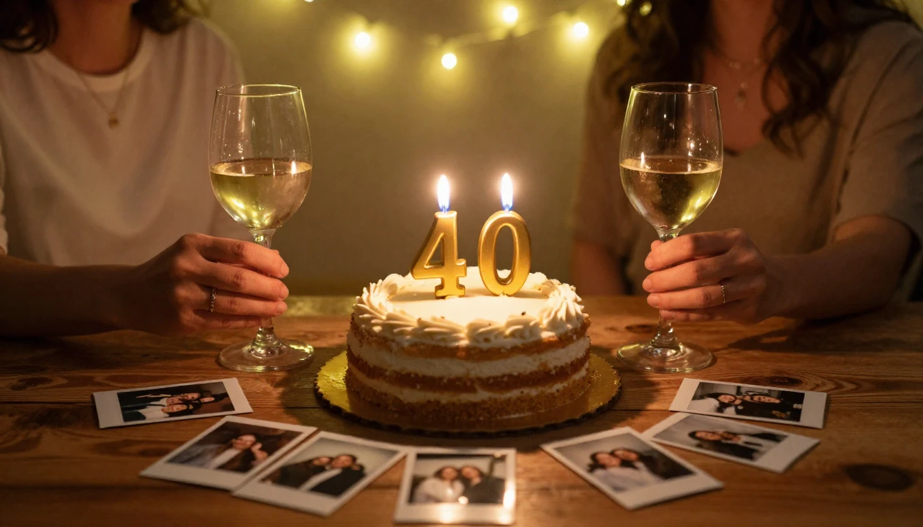 A warm and inviting birthday celebration scene. A rustic woo...