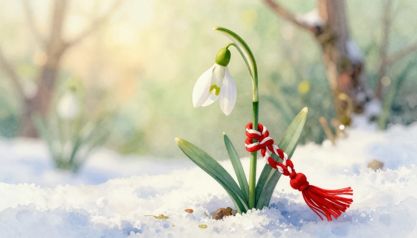 A delicate watercolor painting of a blooming snowdrop flower...
