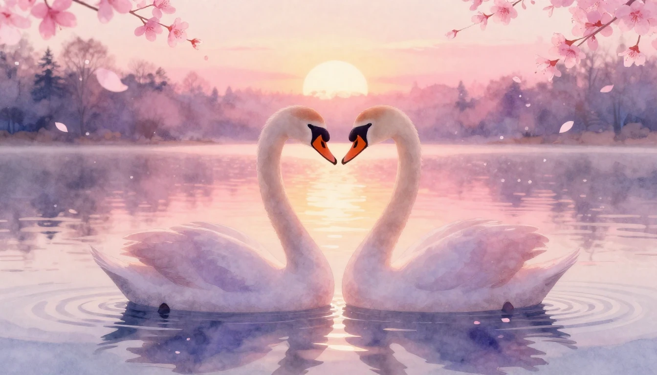 A soft watercolor painting depicting two stylized silhouette...