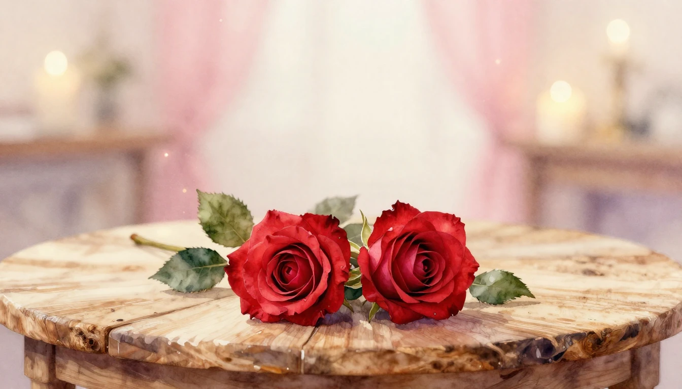 A soft watercolor painting of two delicate red roses intertw...