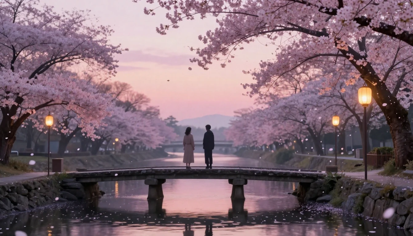 A dreamy and ethereal scene of two silhouettes standing on a...