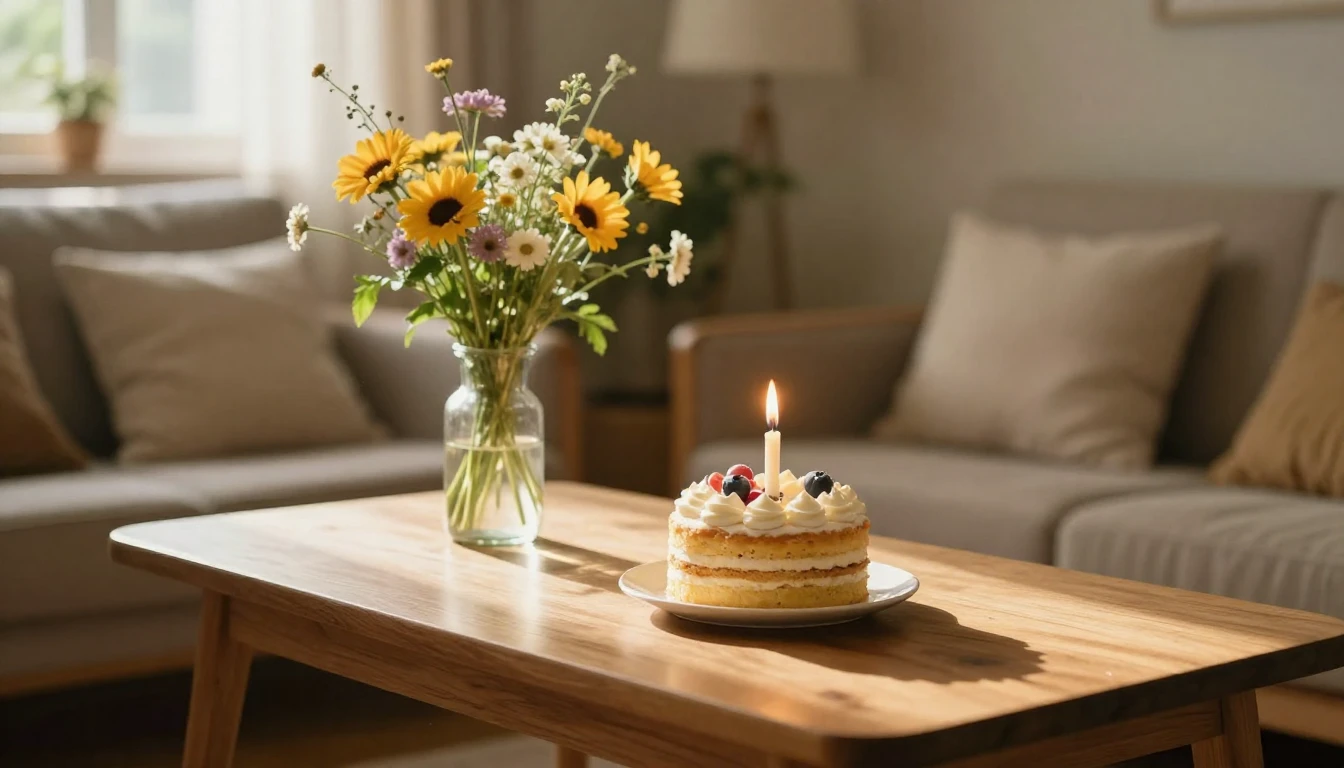 A cozy indoor scene featuring a wooden table with a small, b...