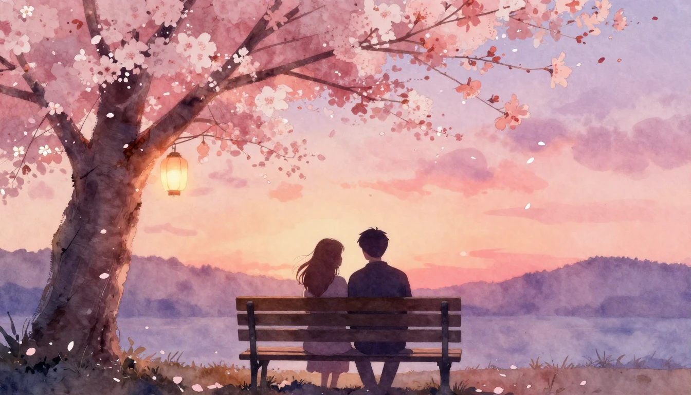 A soft watercolor painting of two silhouettes sitting closel...