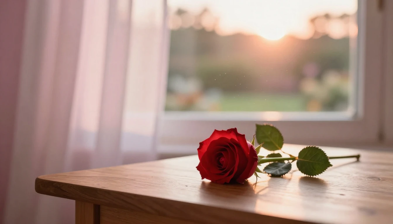 A beautiful and delicate scene featuring a single red rose r...