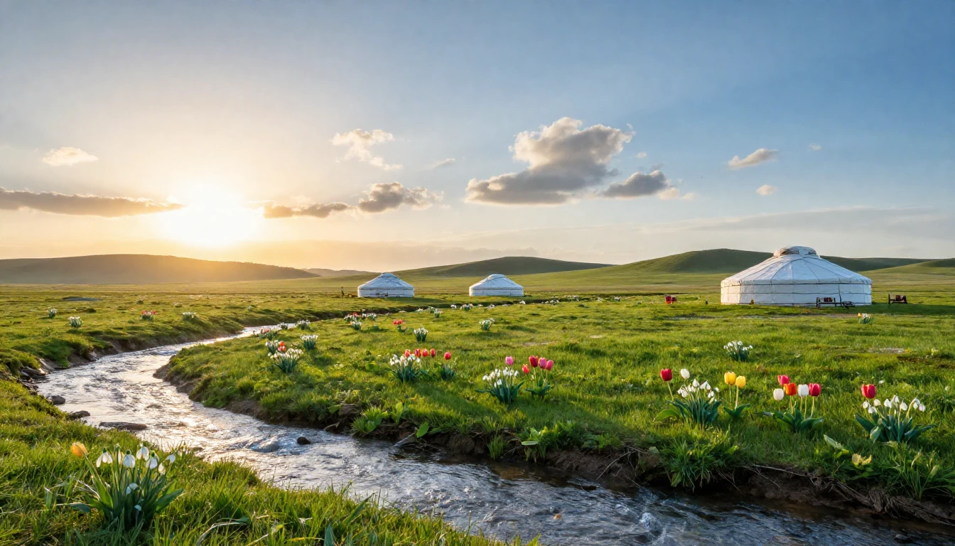 A breathtaking wide shot of a vast Kazakh steppe during the ...