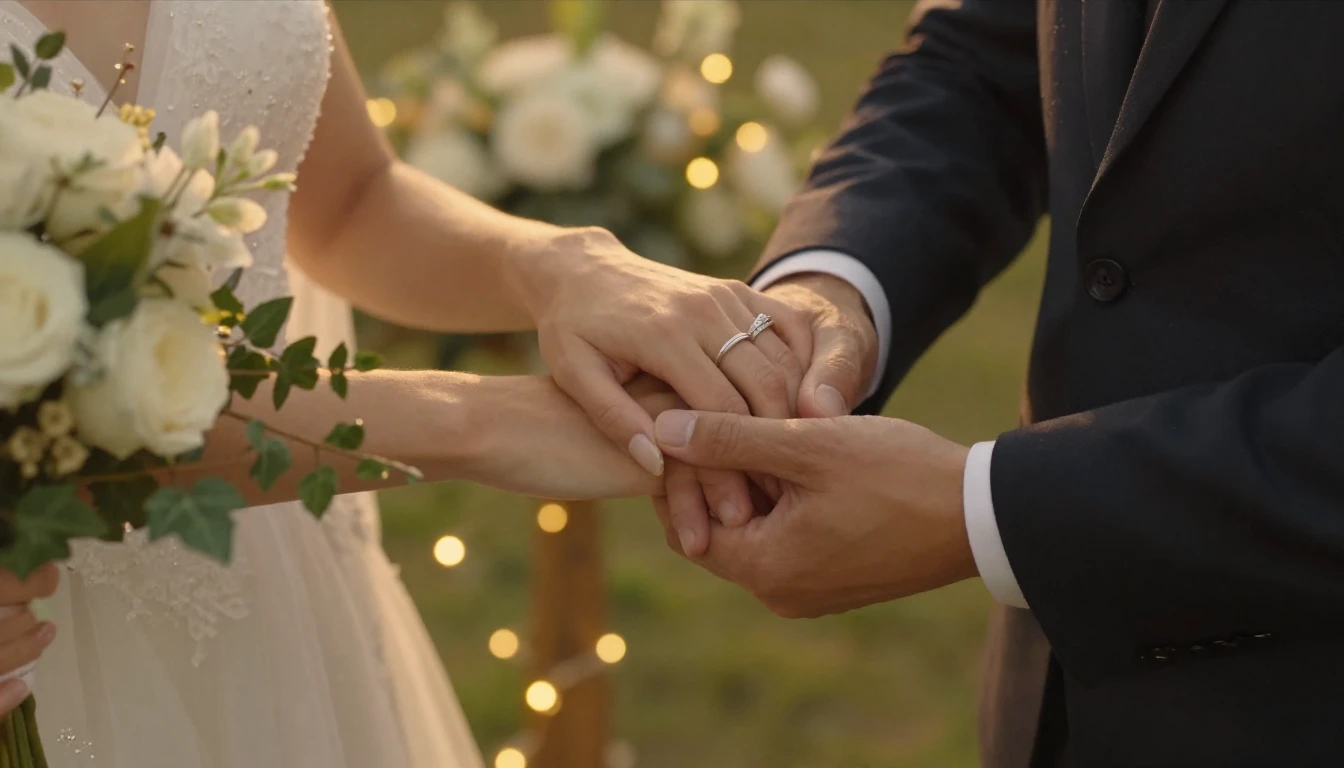 A romantic and elegant wedding scene showing a close-up of a...