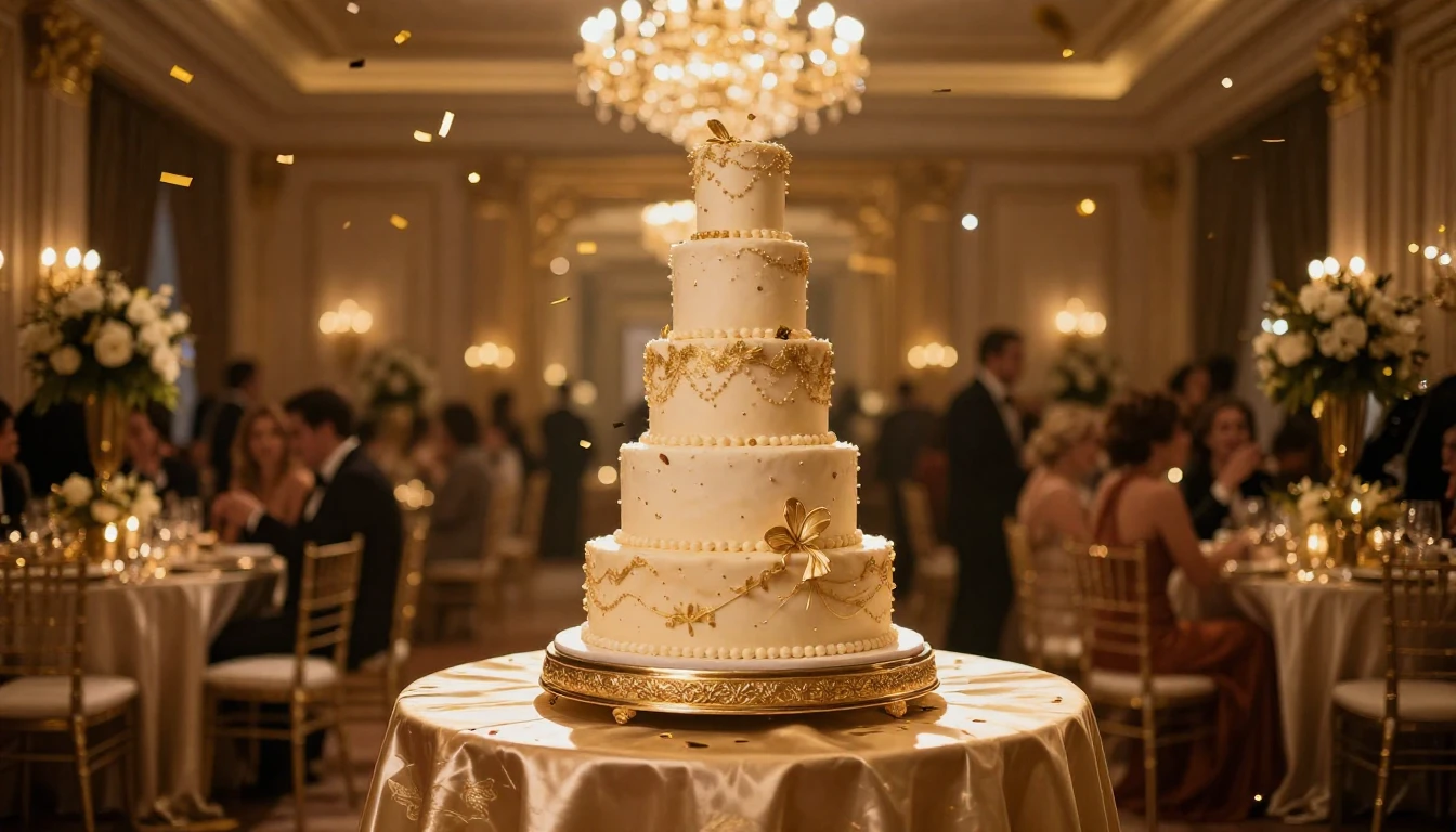 A luxurious banquet hall setting with warm golden lighting. ...