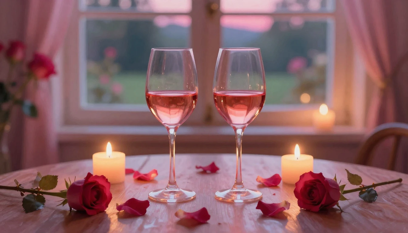 A dreamy and romantic scene featuring two elegant wine glass...