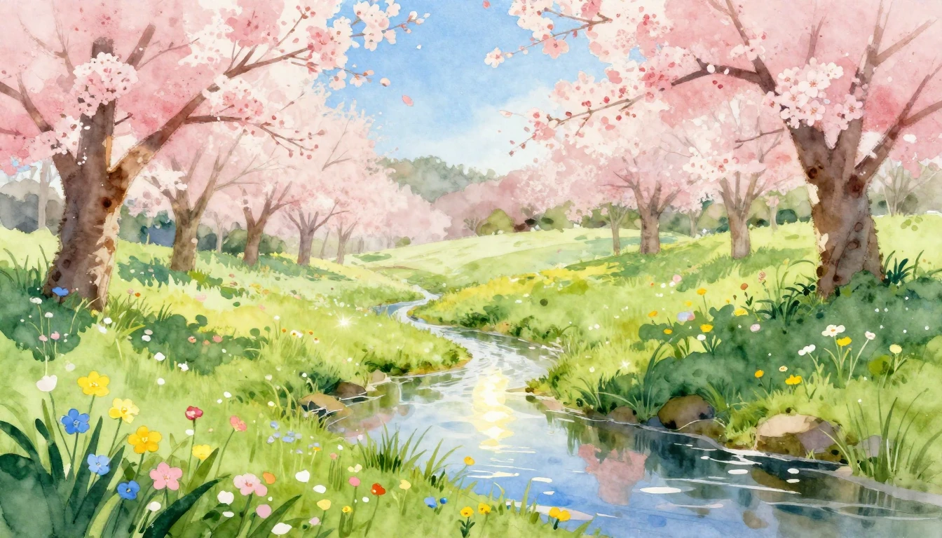A vibrant watercolor painting of a lush spring meadow. Delic...