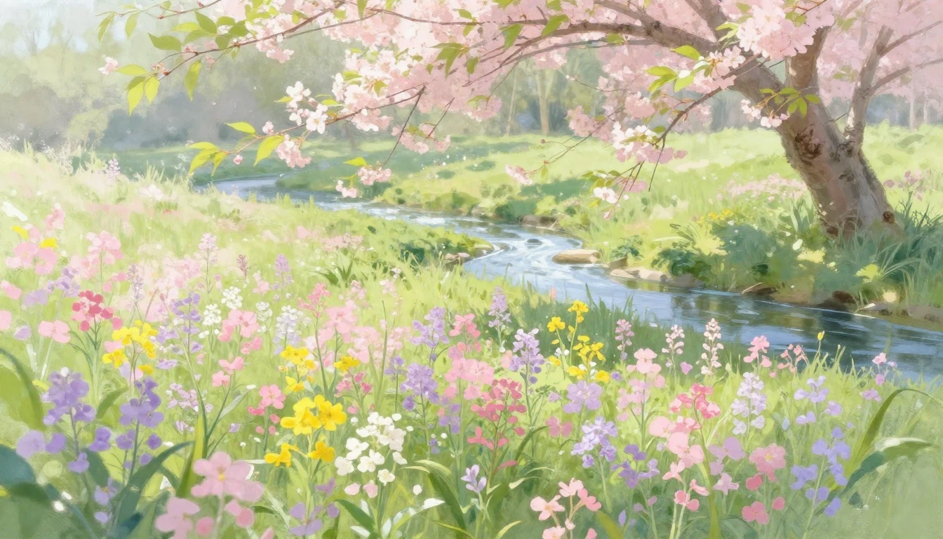 A lush meadow filled with blooming wildflowers in soft paste...
