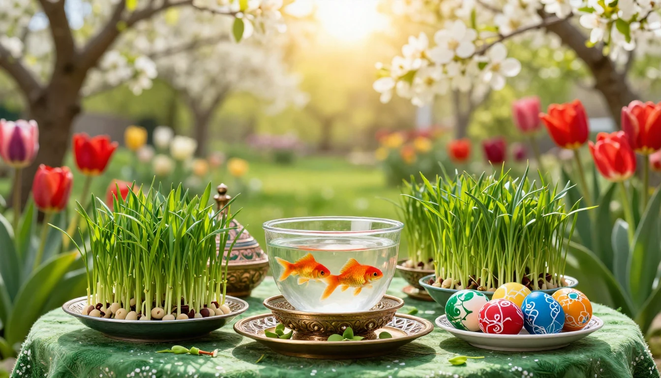 A vibrant and lush scene representing the Persian New Year. ...