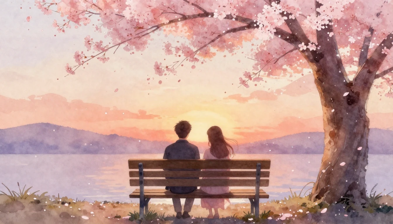 A soft and dreamy watercolor painting of two silhouettes sit...