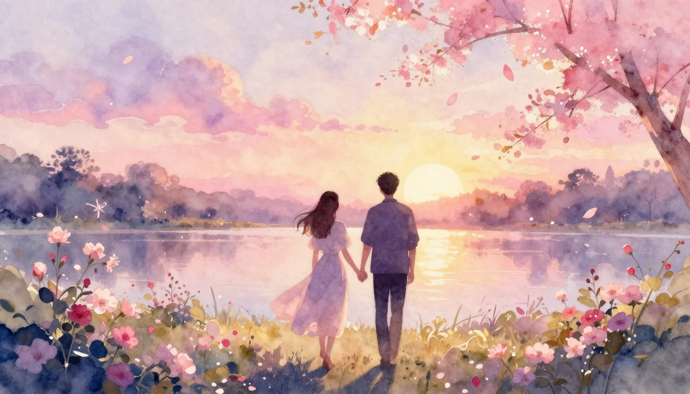 A beautiful watercolor painting of two silhouettes walking h...