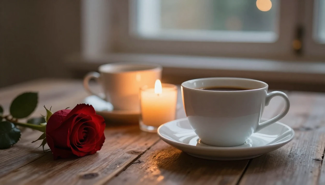 A romantic and cozy close-up scene of two coffee cups on a r...