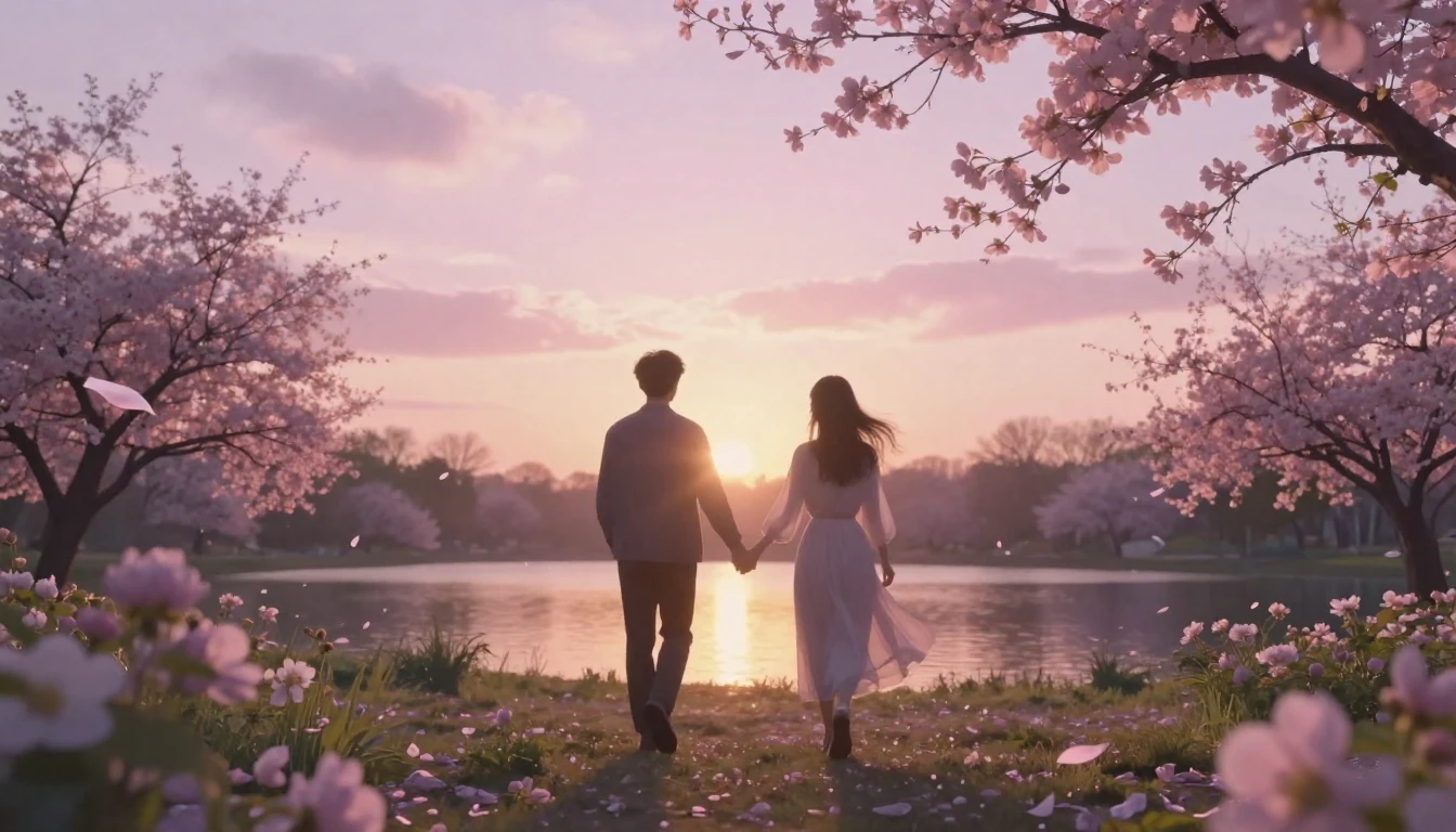 A beautiful, ethereal scene of two silhouettes walking hand-...