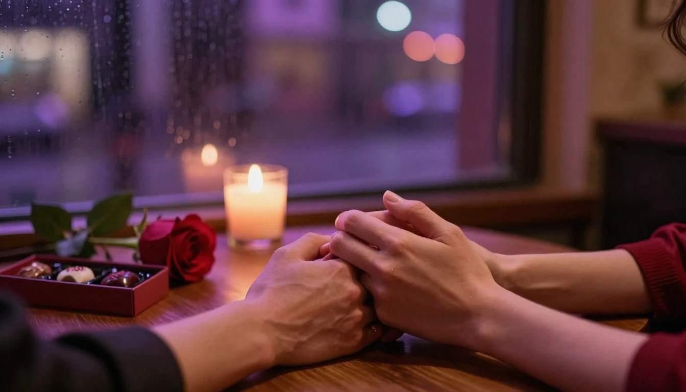 A romantic close-up scene of two hands holding each other ge...