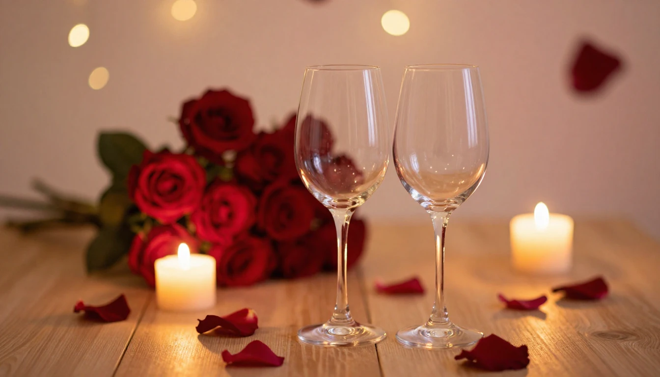 A romantic and dreamy scene featuring two elegant wine glass...