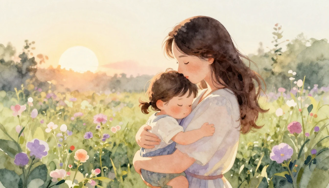 A heartwarming watercolor illustration depicting a warm embr...