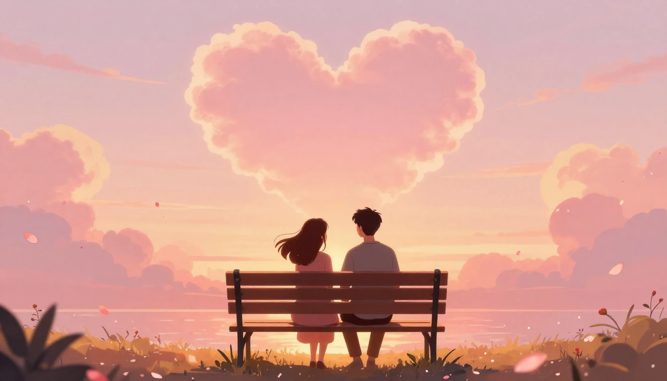 A romantic illustration of a couple sitting on a bench in a ...