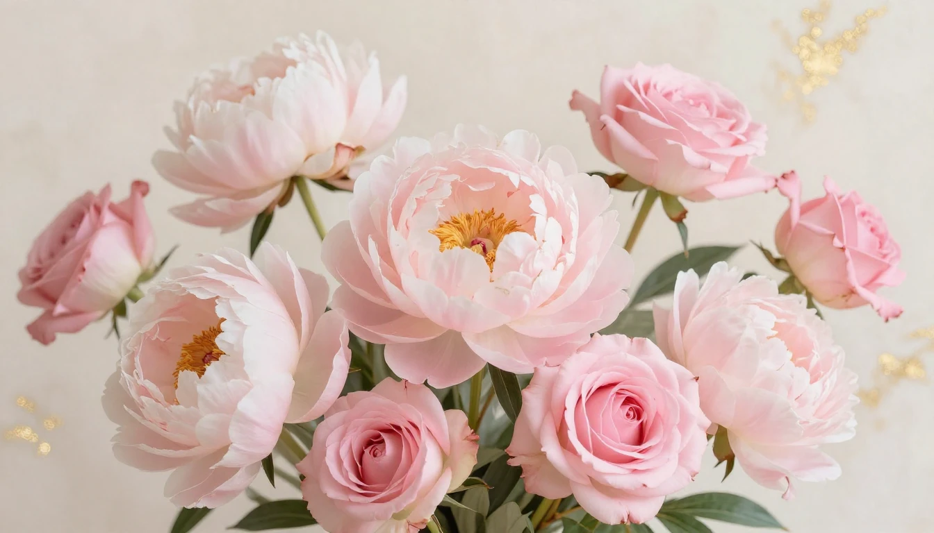 A beautiful and delicate composition of blooming peonies and...
