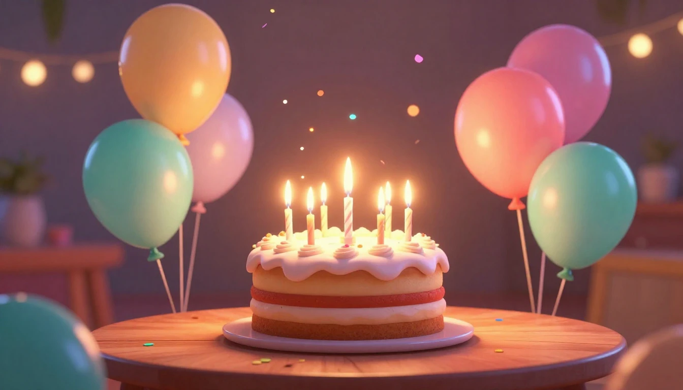 A warm and joyful 3D animated style scene celebrating a birt...
