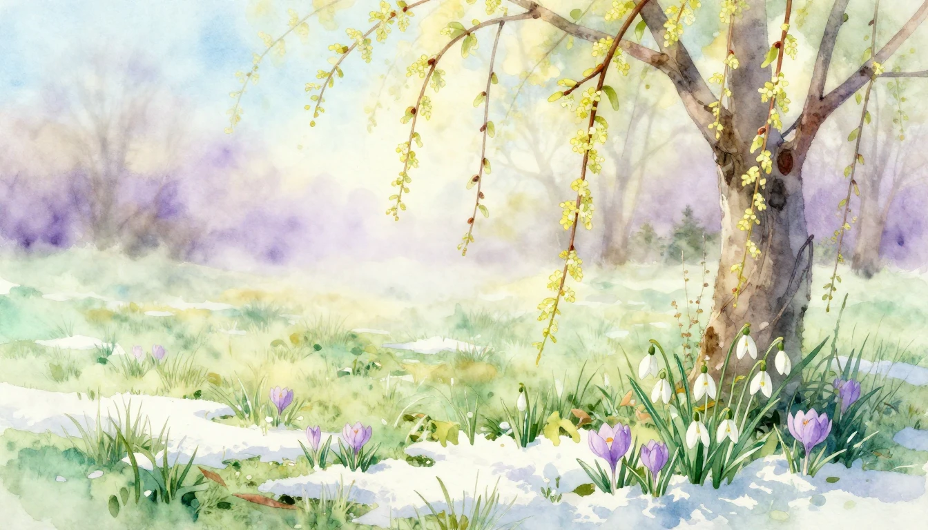 A delicate watercolor painting of a serene meadow in early M...
