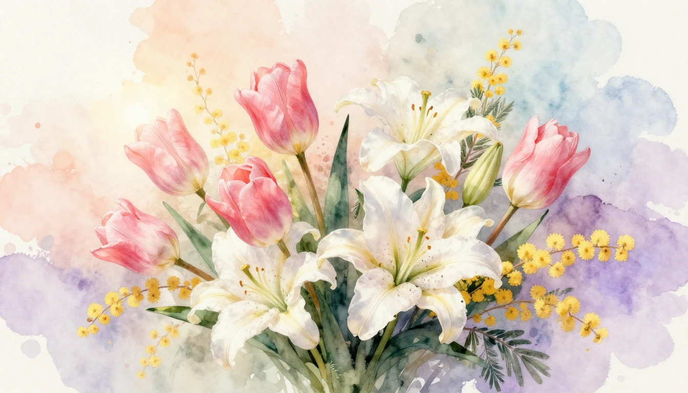 A delicate watercolor painting of a lush spring bouquet feat...