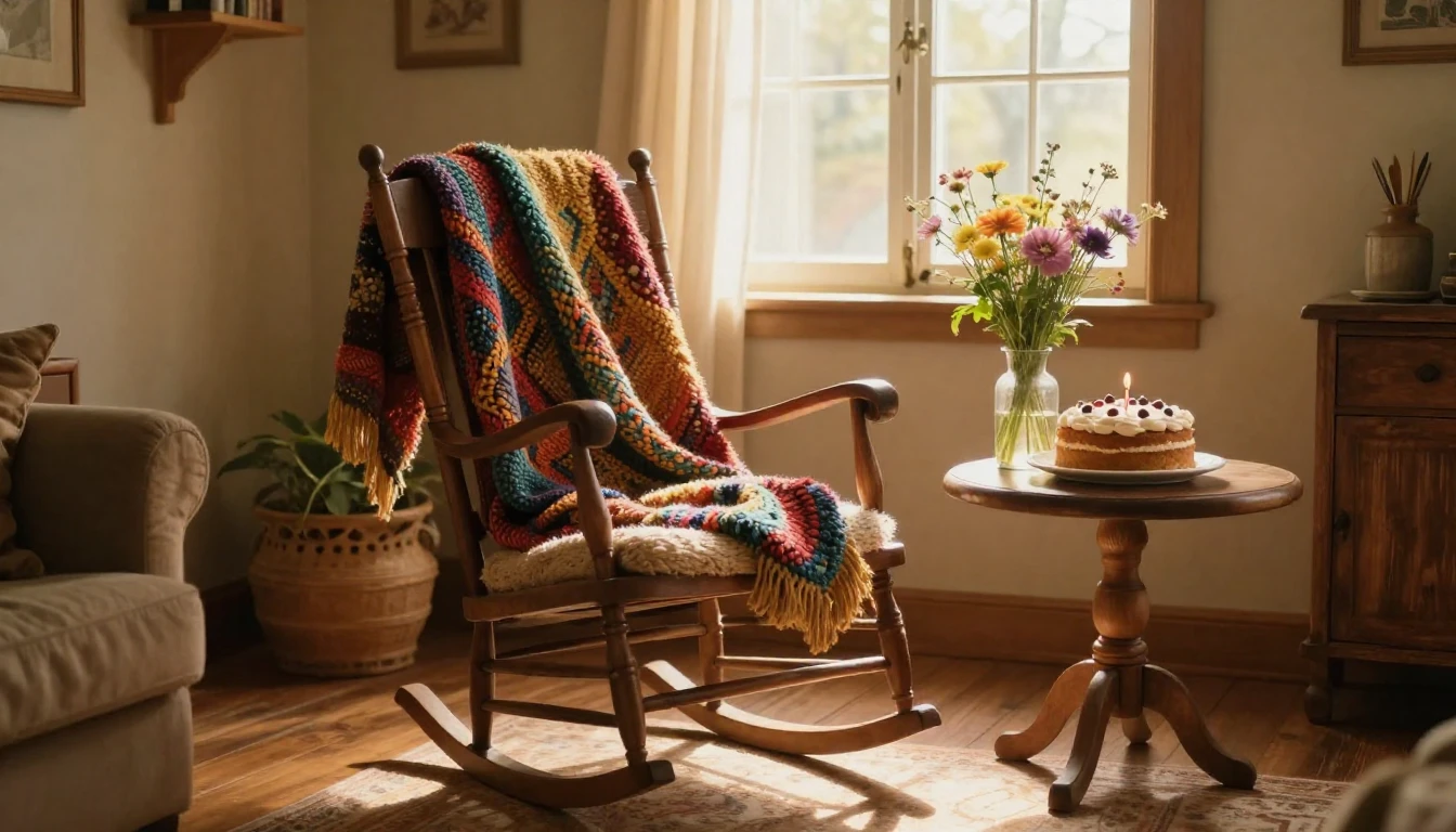 A warm and cozy rustic living room scene, bathed in soft gol...