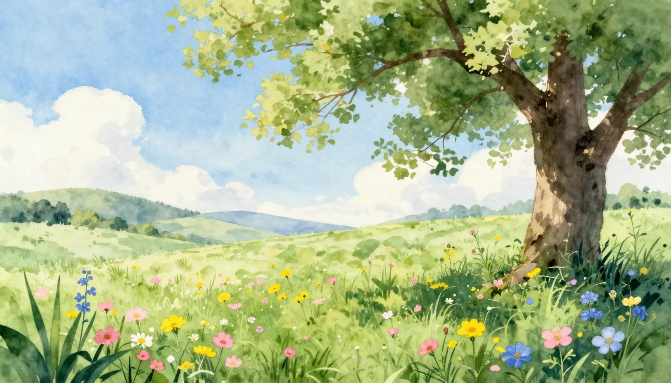 A beautiful watercolor painting of a lush green meadow fille...