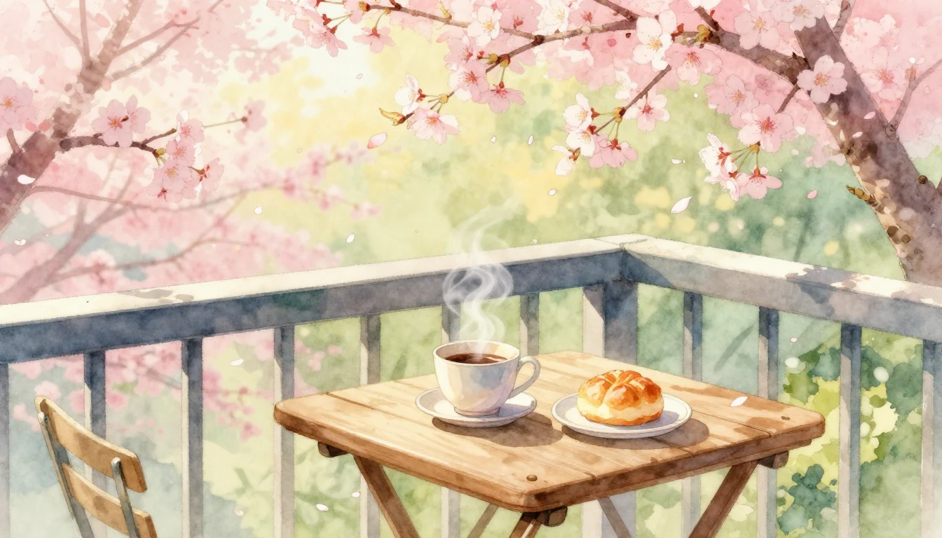 A beautiful watercolor painting of a small wooden table on a...