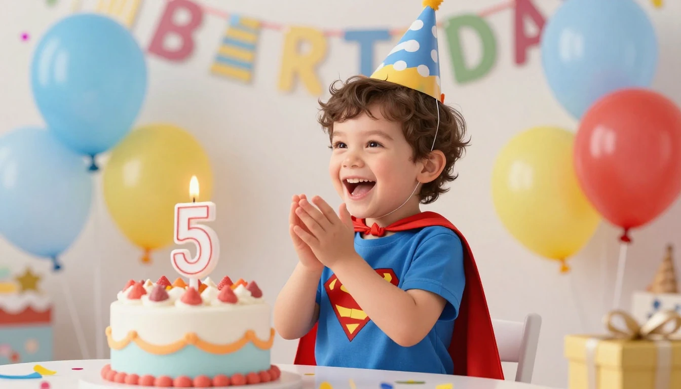 A cute 5-year-old boy celebrating his birthday, wearing a sm...