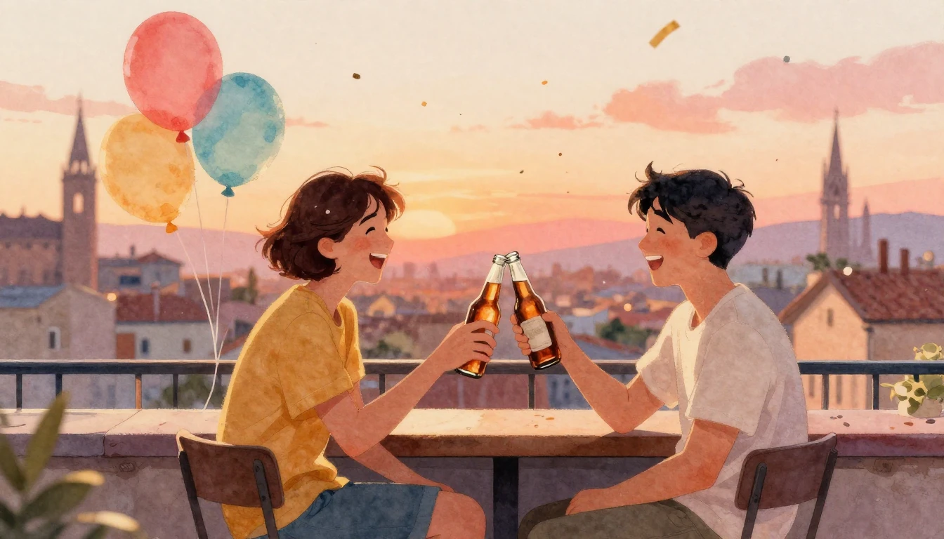 A heartwarming watercolor illustration of two friends sittin...