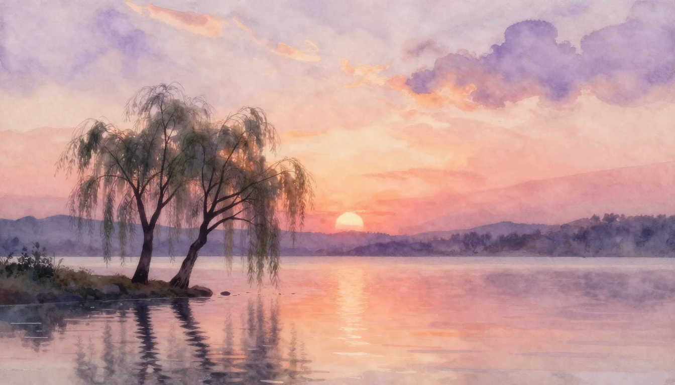 A soft and ethereal watercolor painting of a serene sunset o...