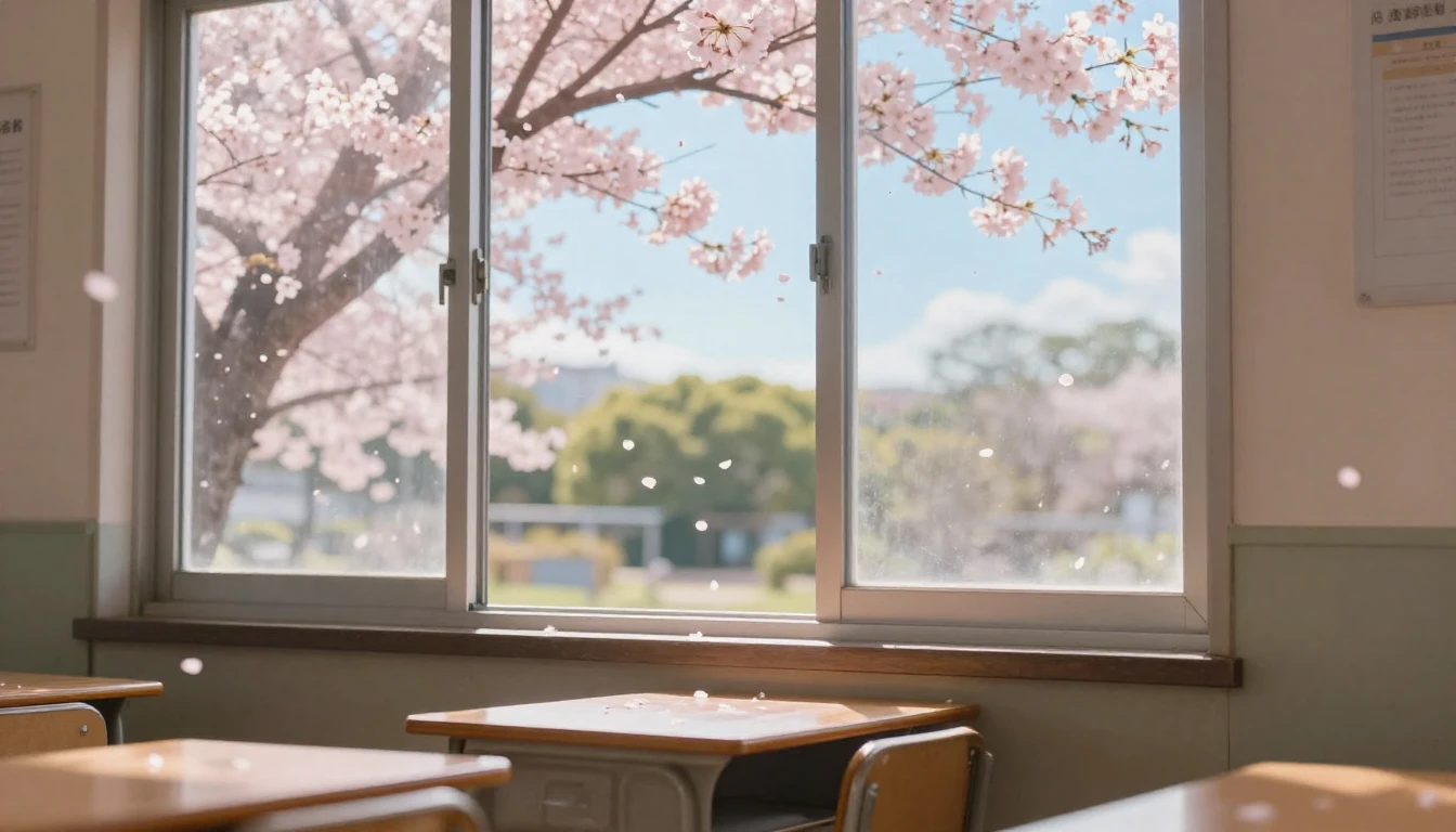 A serene and beautiful scene of a Japanese school hallway ba...