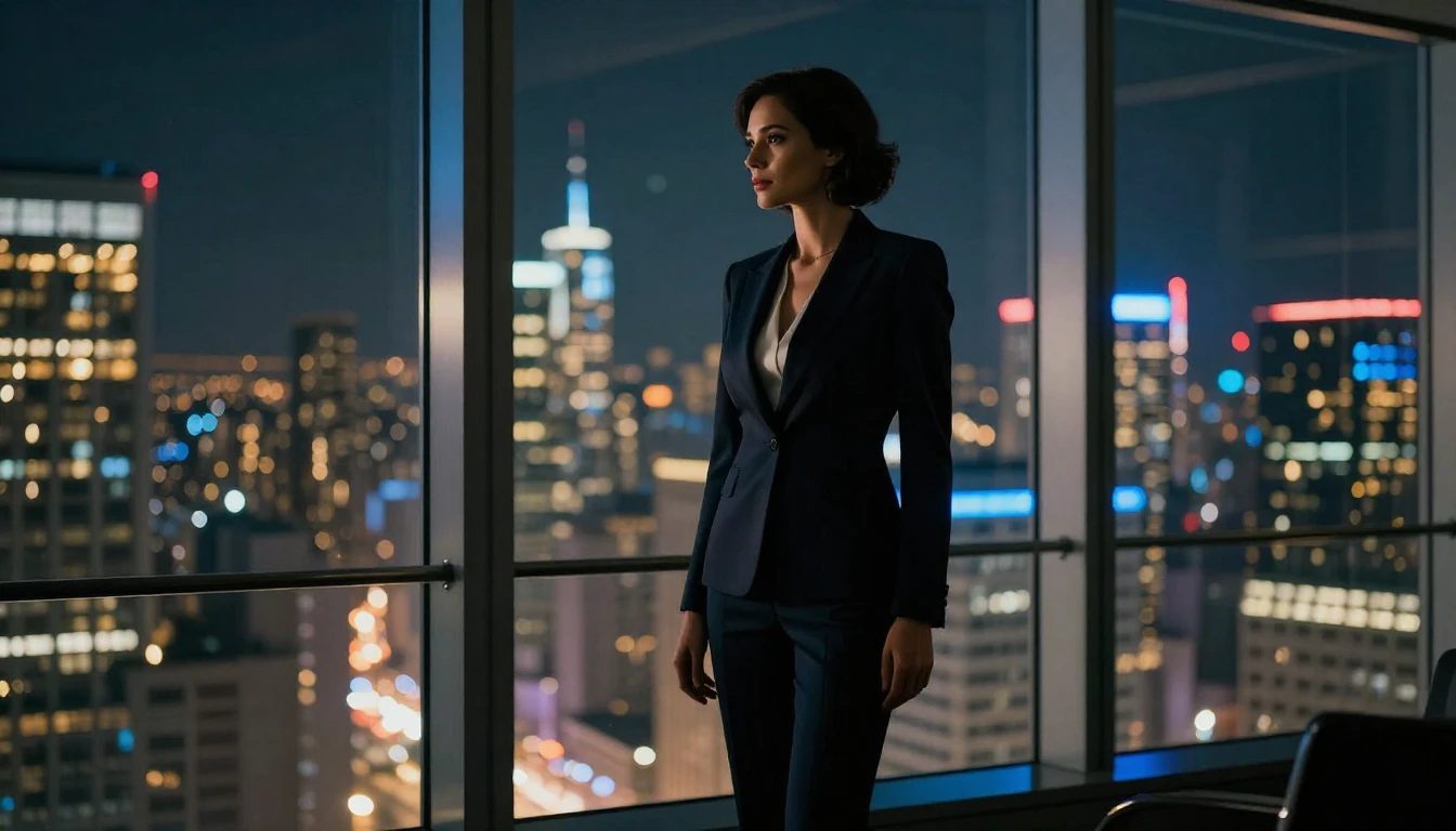 A cinematic shot of a confident woman standing in a high-ris...