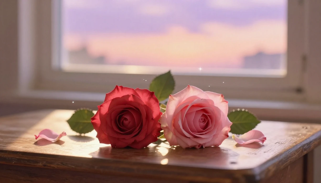 A delicate scene featuring two intertwined red and pink rose...