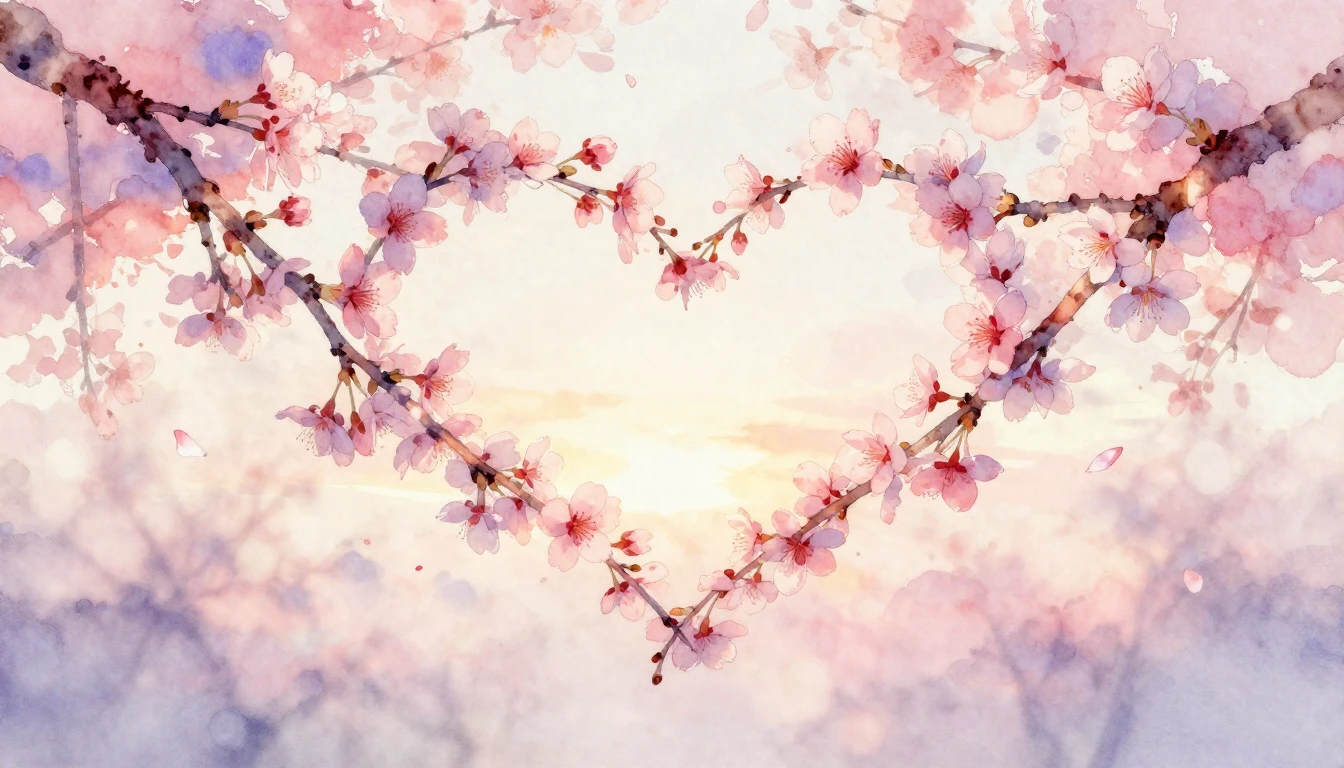 A delicate watercolor painting of two intertwined cherry blo...