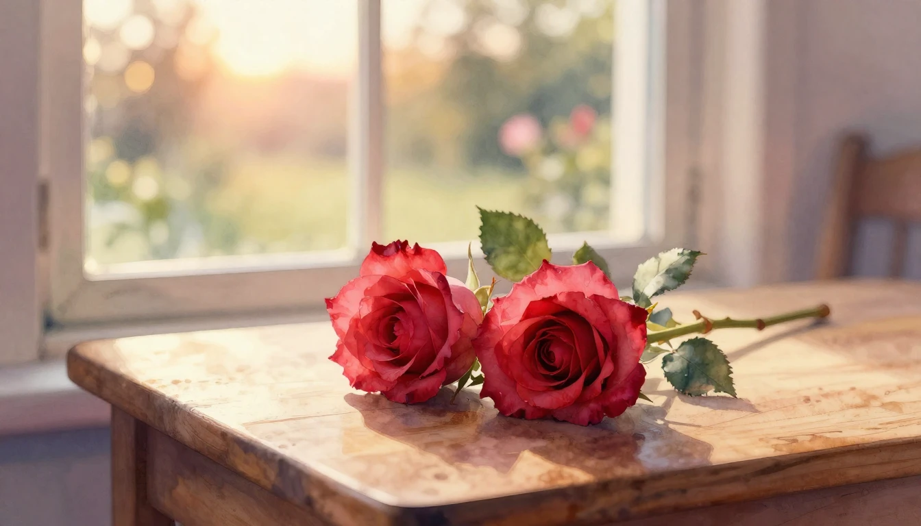 A delicate watercolor painting of two intertwined red roses ...